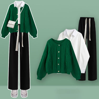 Sweater Set Green Cardigan Cable Denim Pants Lapel Shirt