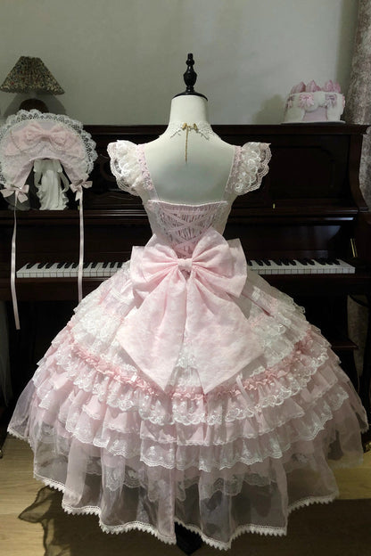 Rose Spring Prelude Sleeveless Tiered Ruffle Bow Lace Princess Sweet JSK Dress