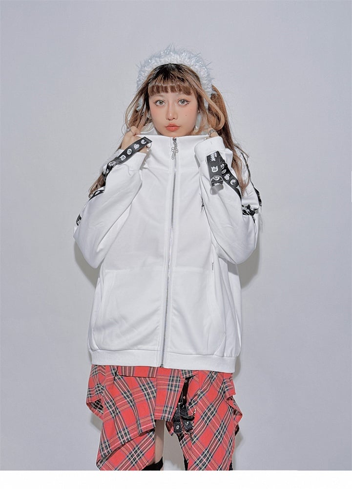 WhitePunkHigh-NeckHooded Loose Jacket