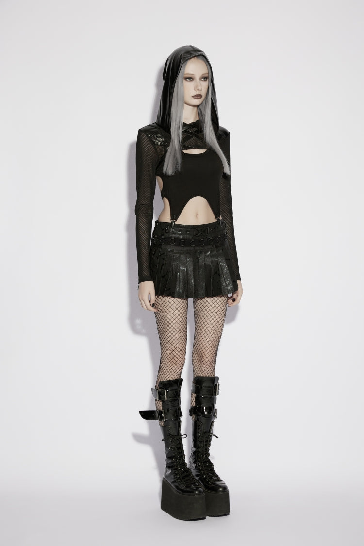 Sheer Eyelet Hooded Black Asymmetric Punk Cape Women's