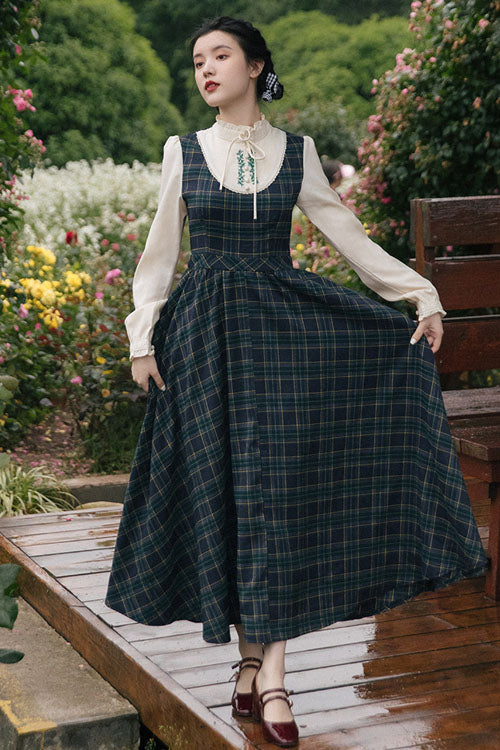 Dark Green Vintage Classic Lolita Dress with Plaid Print and Embroidery