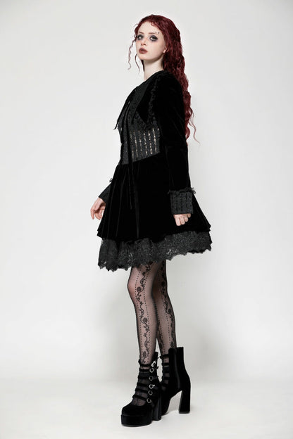 Obsidian Lace Velvet Mini Dress with Long Sleeves