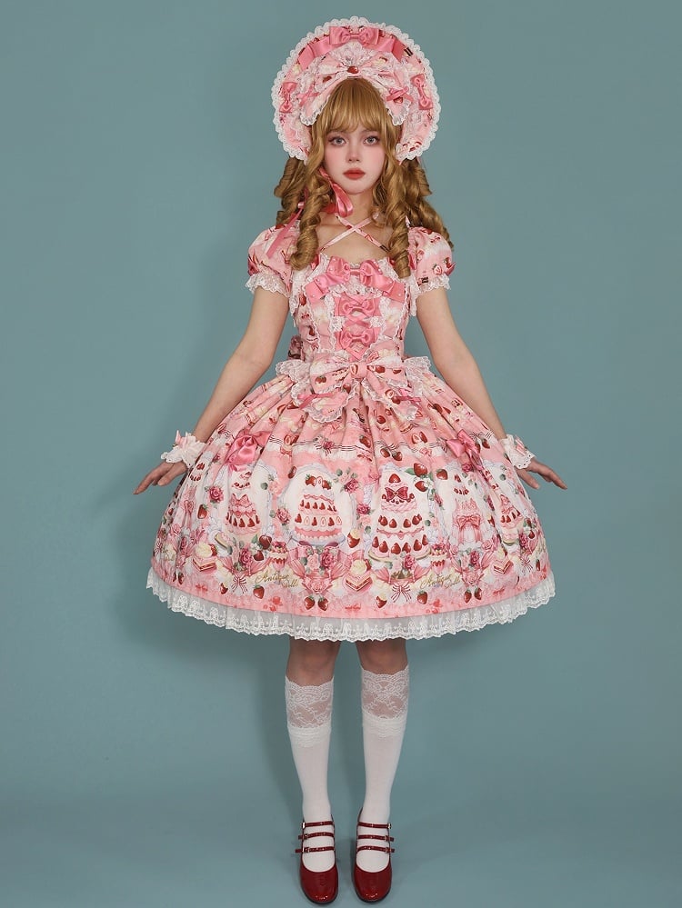 Strawberry Cake Print Pink Bow Accents Sweet Lolita Dress / Full Set