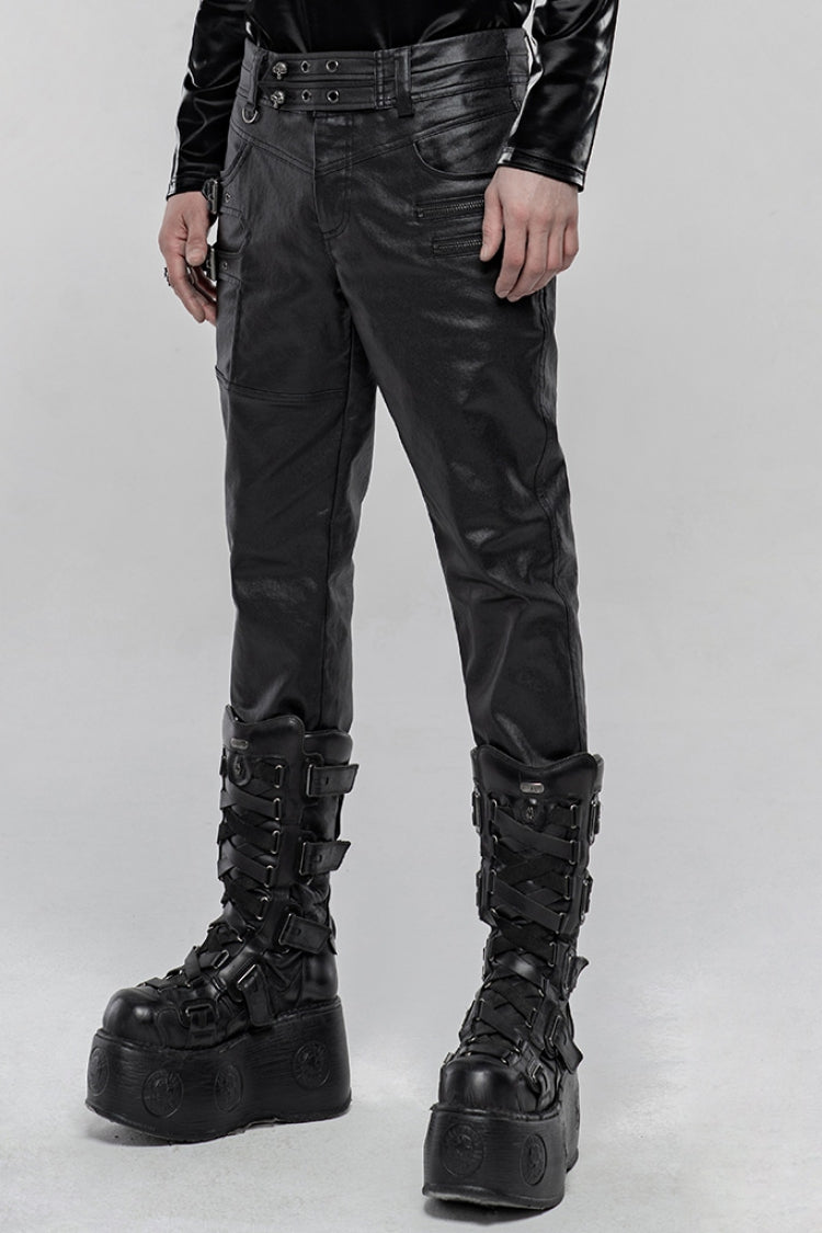 Men's Steampunk Pants with Metal Buckle and Side Zipper in Black Faux Leather