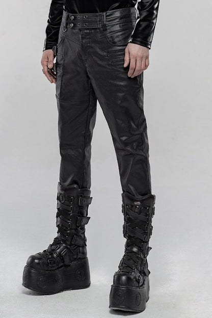 Men's Steampunk Pants with Metal Buckle and Side Zipper in Black Faux Leather