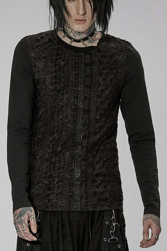 Gothic Printed Spliced Long Sleeve Tee with Textured Webbing