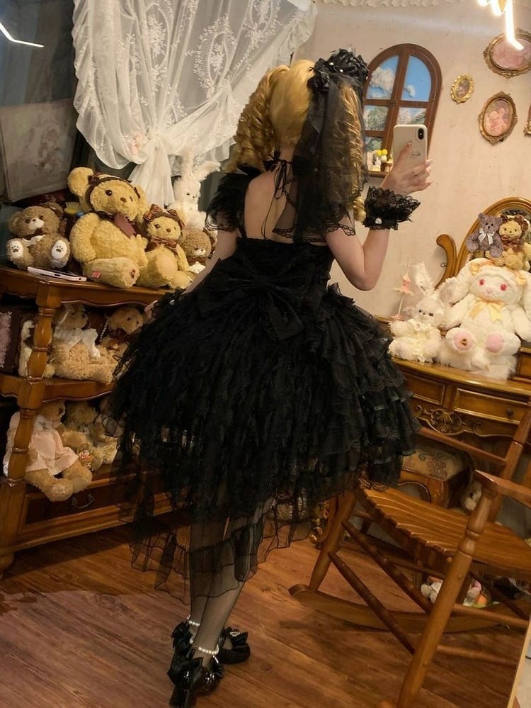 All Black Butterfly Fabric Bodice Hanayome Tiered Skirt Lolita Hime Dress