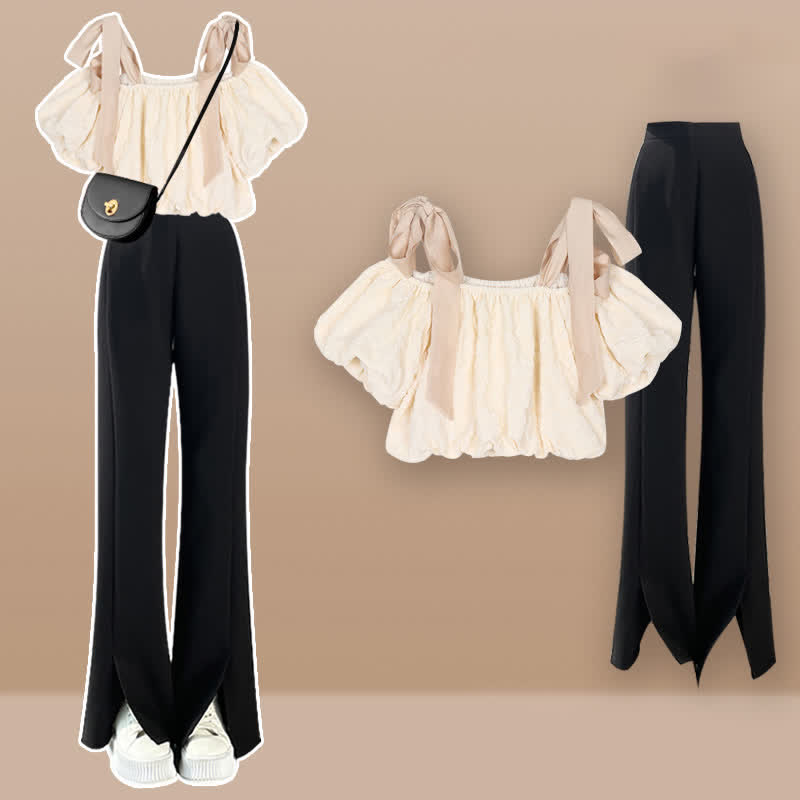 Lace Puff Crop Denim Pants T-Shirt Shoulder Up Skirt