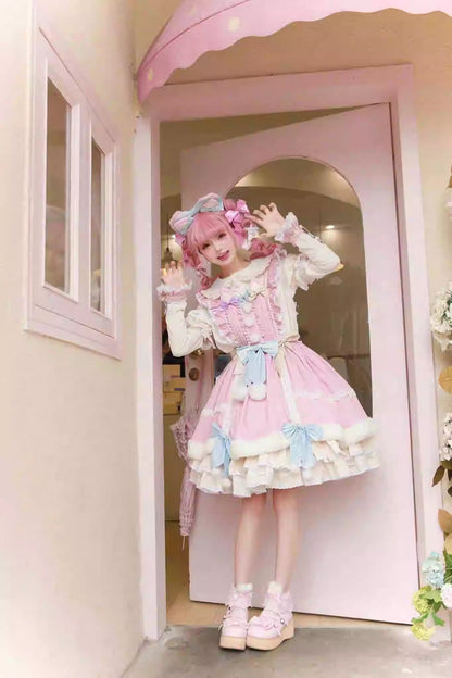 White and Pink Little Fox Multi-Layer Ruffled Bow-Trim Long-Sleeved Sweet Lolita Dress
