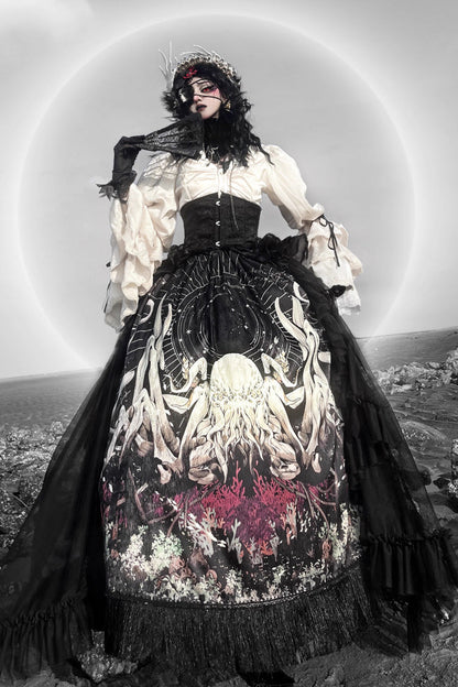 Long Hime Sleeves Gothic Skirt Dress Set with Printed Lace - Reborn Ancient God