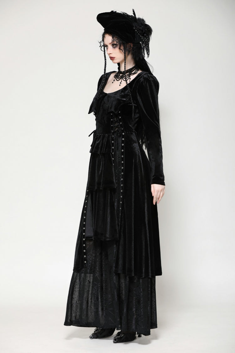 Coal Eyelet Side Slit Gothic Maxi Gown with Long Sleeves