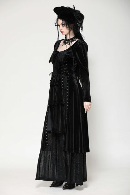 Coal Eyelet Side Slit Gothic Maxi Gown with Long Sleeves