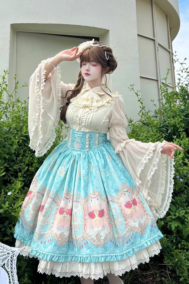 Ruffle-Embroidered Palace Skirt with Lace and Print