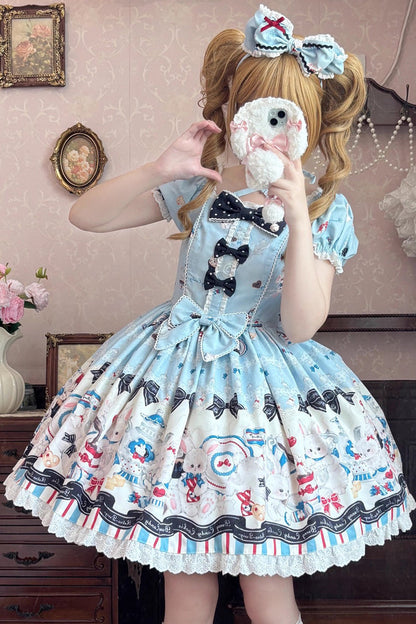 Square-Neck Ruffle Bow Dress with Lace and Print