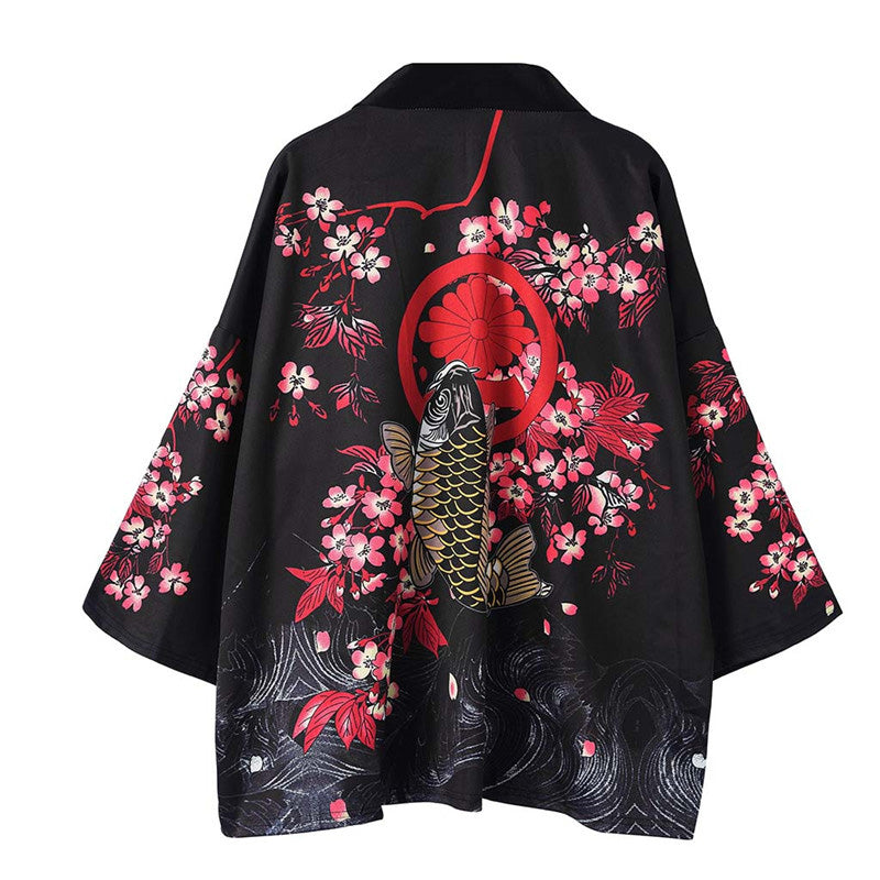 Schwarzer Kimono mit Fisch-Blumenmuster, Sonnenschutz