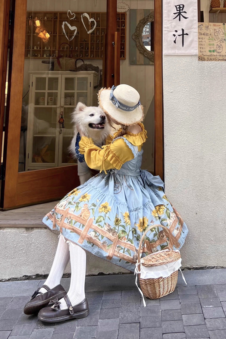 Sunflower-Print Bow-Adorned Sweet Lolita JSK Dress in Two Tones
