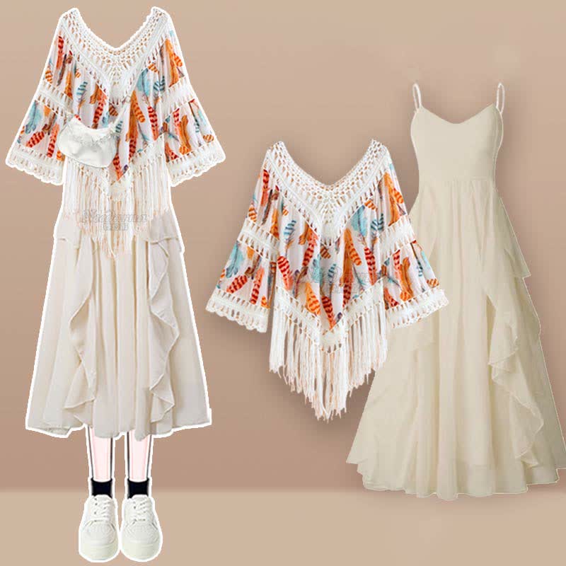 Sweet Boho Print Fringed Hollow Out Shirt Pleated Skirt Slip Dress