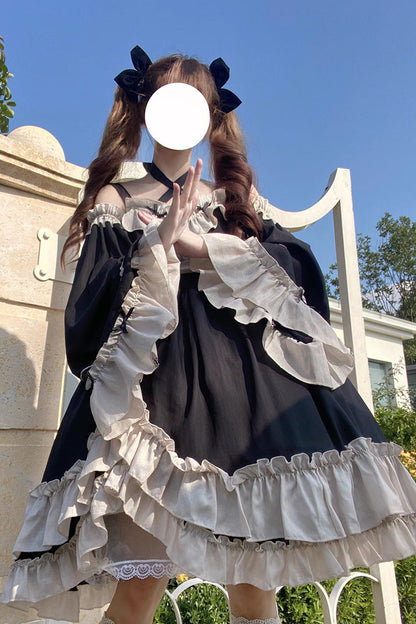 High-Waisted Asymmetric Ruffled Bowknot Gothic JSK