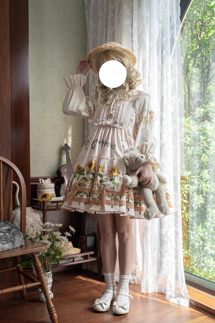 Sunflower-Print Bow-Adorned Sweet Lolita JSK Dress in Two Tones