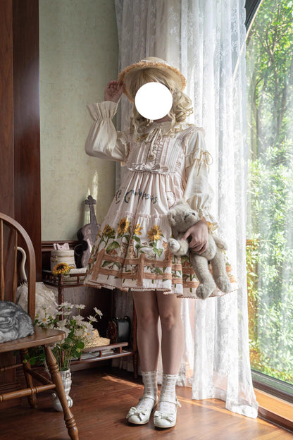 Sunflower-Print Bow-Adorned Sweet Lolita JSK Dress in Two Tones
