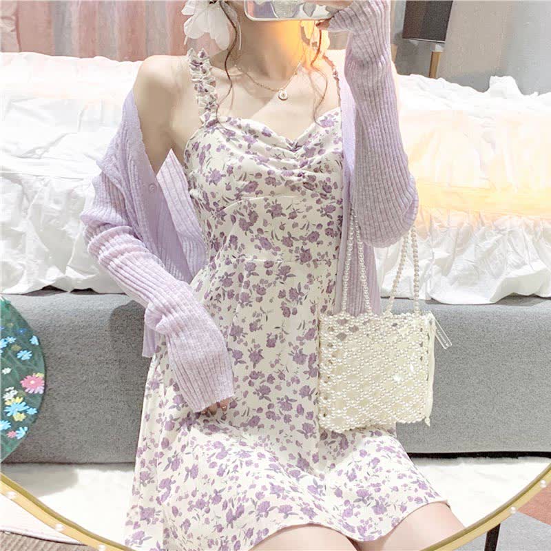 Ensemble robe nuisette à imprimé floral et cardigan doux