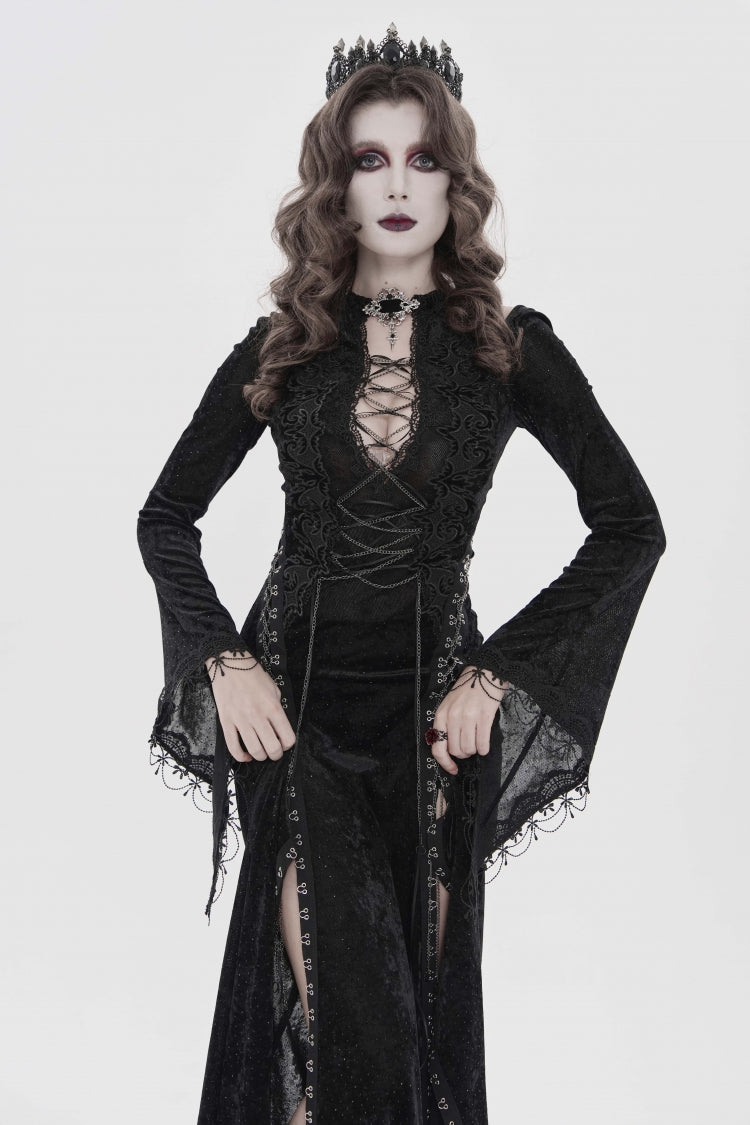 Halterneck Trumpet Sleeve Hanayome Lace Lace-Up Slim Chain Gothic Dress Plunging Split Maxi