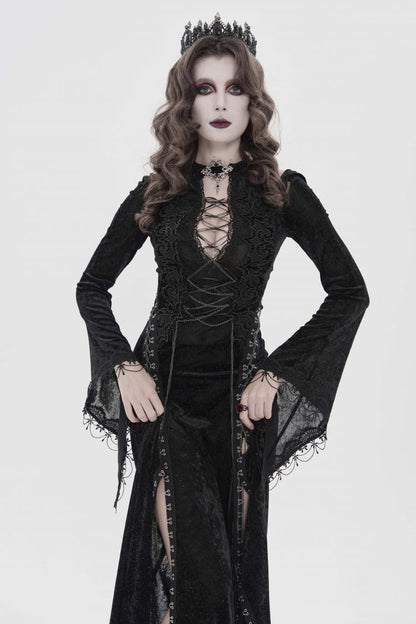 Halterneck Trumpet Sleeve Hanayome Lace Lace-Up Slim Chain Gothic Dress Plunging Split Maxi