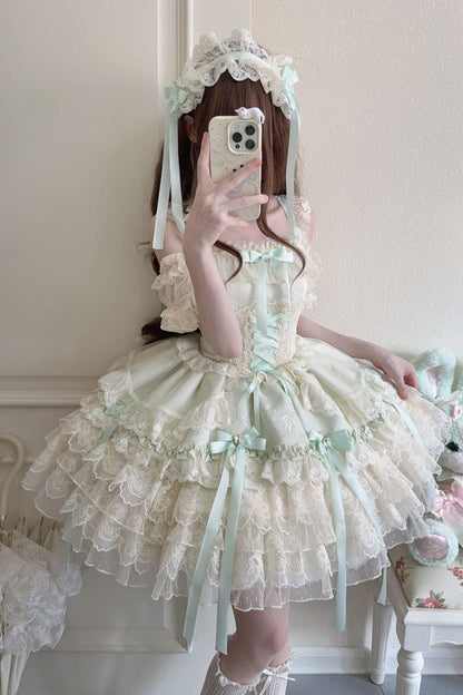 Emerald Layered Lace-Up Ballet Lolita JSK - Ribbon Heart
