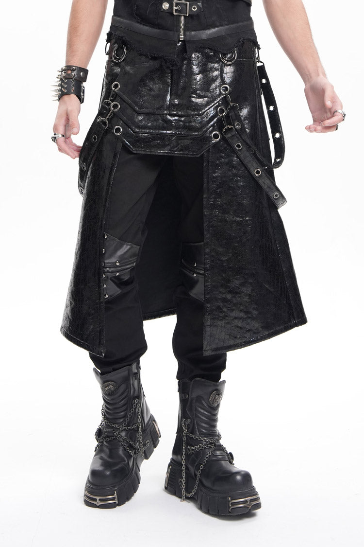 Gothic Men's Skirt with Faux Leather Stitching Eyelets Strap and Rings