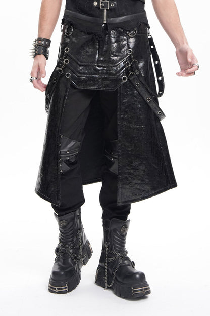 Gothic Men's Skirt with Faux Leather Stitching Eyelets Strap and Rings