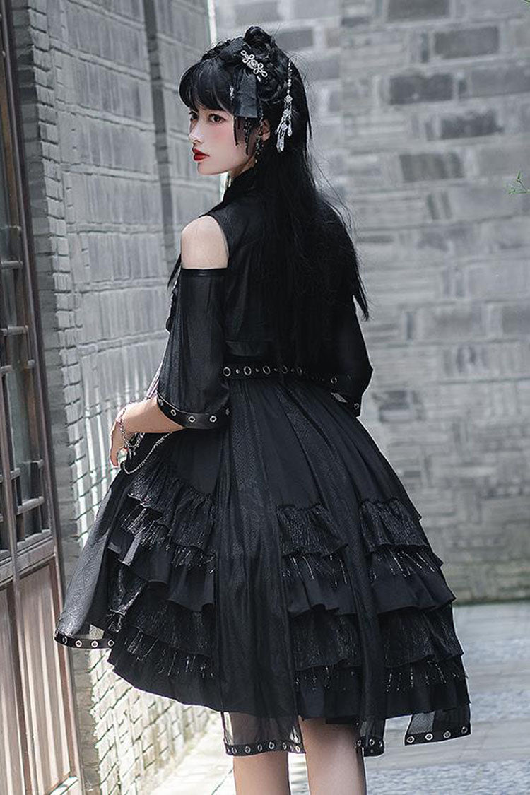 Dark Chinese-Style Gothic Lolita JSK with Dragon Print and Ruffled Layers