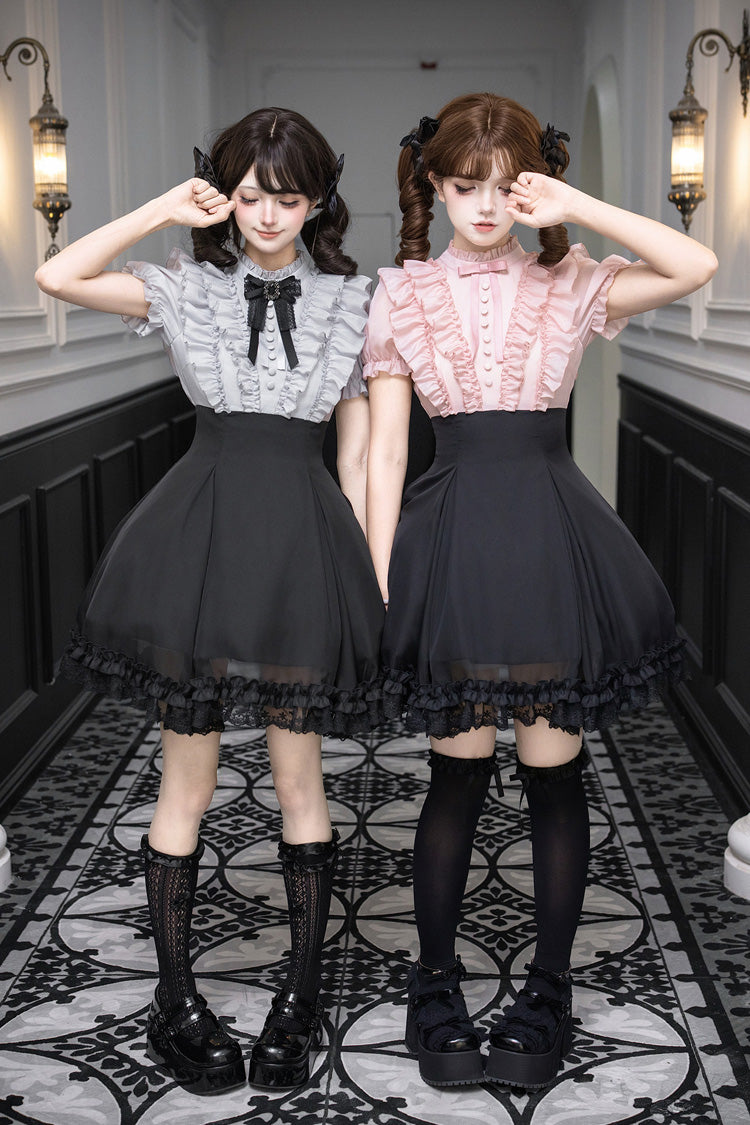 Puff-Sleeve Color-Blocked Faux Two-Piece Sweet Dress
