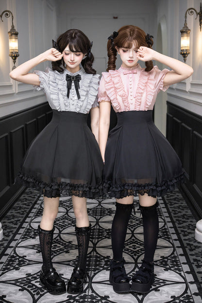 Puff-Sleeve Color-Blocked Faux Two-Piece Sweet Dress