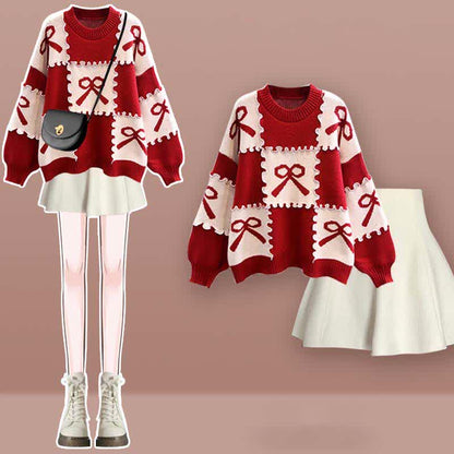 Plaid Knot Skirt Print Sweater Set Pleated Bow