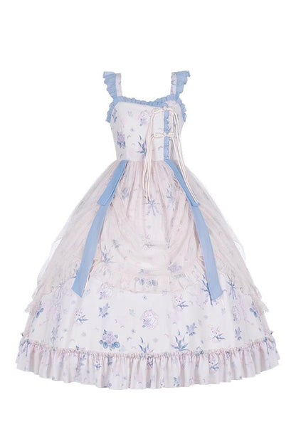 Elegant Floral Wall Print Sweet Lolita Gown with Ruffles