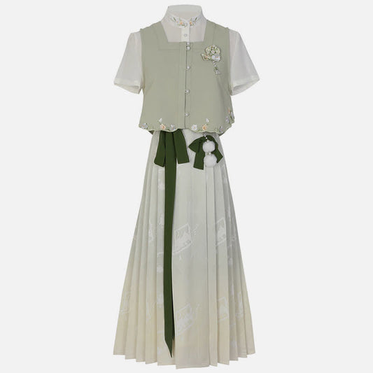 Vintage Vest Chiffon T-Shirt Pleated Skirt