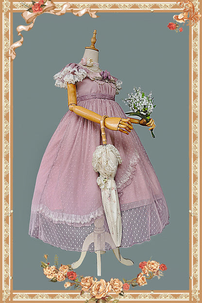 Rose Moon Goddess Mediana Polka Dot Print Ruffle Bow Asymmetrical Elegant Lolita Gown
