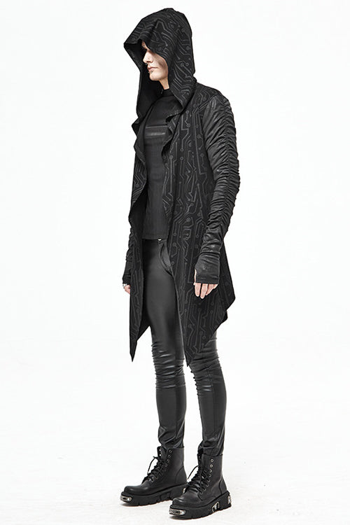 Men's Punk Knit Long Coat with Hood Wrinkled Sleeves Circuit Print