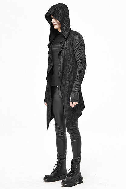 Men's Punk Knit Long Coat with Hood Wrinkled Sleeves Circuit Print