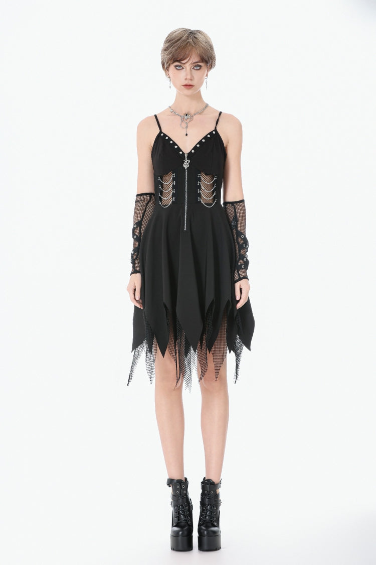 Studded Mesh Punk Slip Dress with Zippers