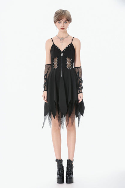 Studded Mesh Punk Slip Dress with Zippers