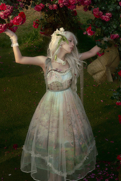 Emerald Oil Painting Spring Sleeveless Print Ruffle Bowknot Lace Sweet Lolita JSK