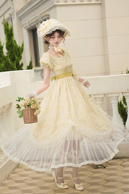 Golden Square-Collar Short-Sleeve Ruffled Lace Long Gown