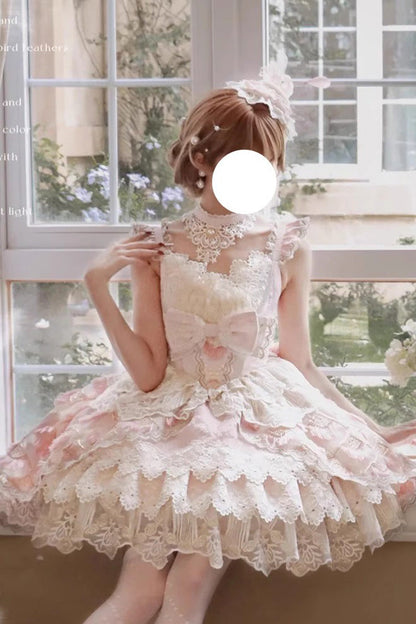 Rose Peacock Feather Tiered Ruffle Bride Cardigan Bow Lace Sweet Lolita JSK Set