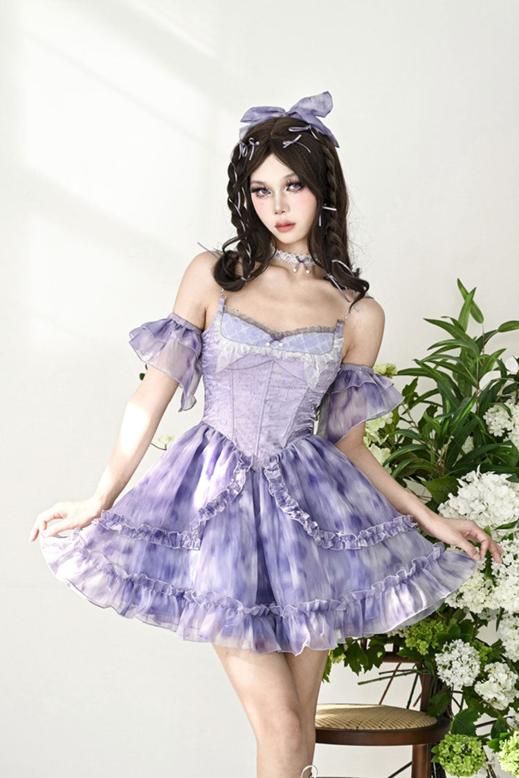 Blue Ruffle Lace Tie-Dye Print Fake Two Piece Sweet Princess JSK Dress