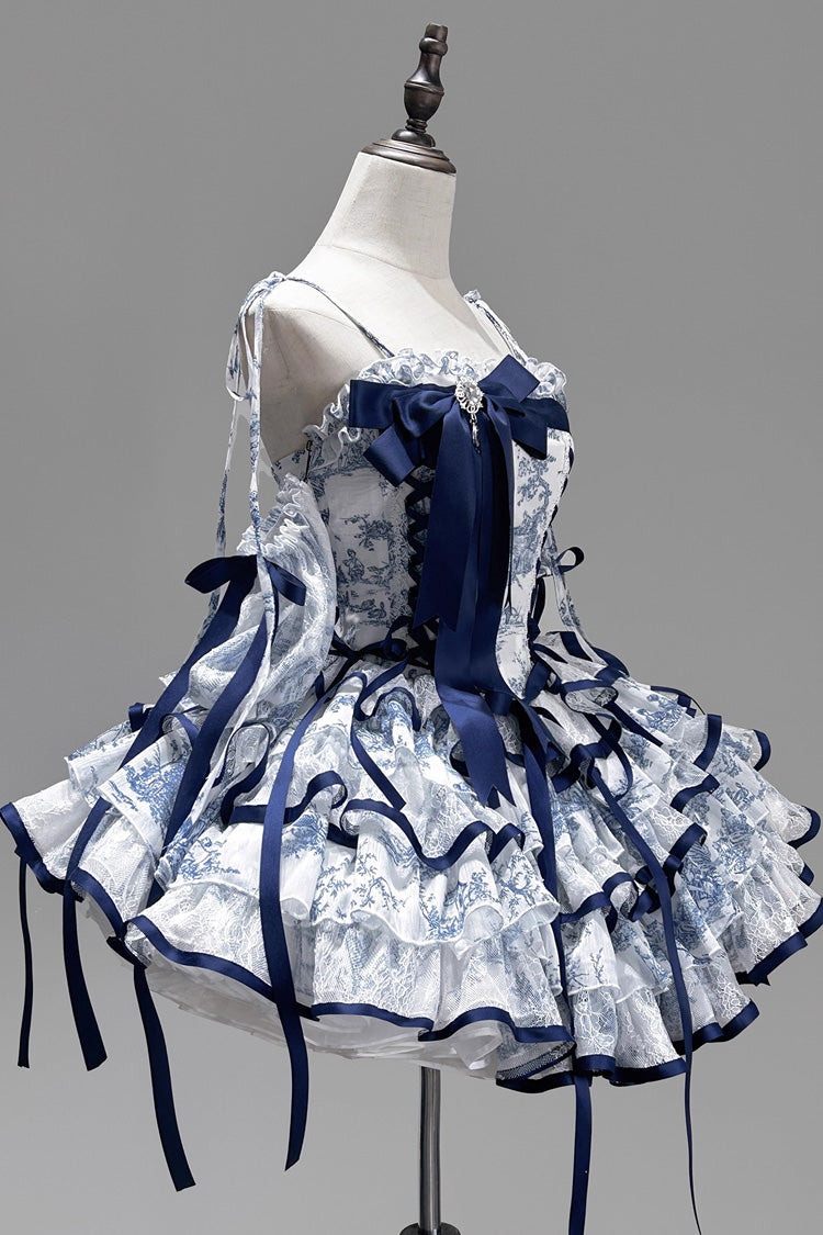 Blue White Sleeveless Multi-Layered Print Bowknot Fishbone Sweet Classic Chinese Style Lolita Jsk Short Dress