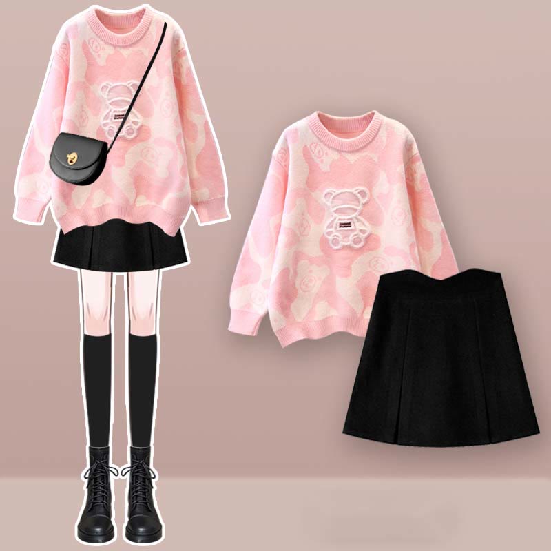 Sweater Bear Cartoon Print Set Split Skirt