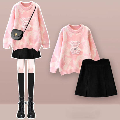 Sweater Bear Cartoon Print Set Split Skirt