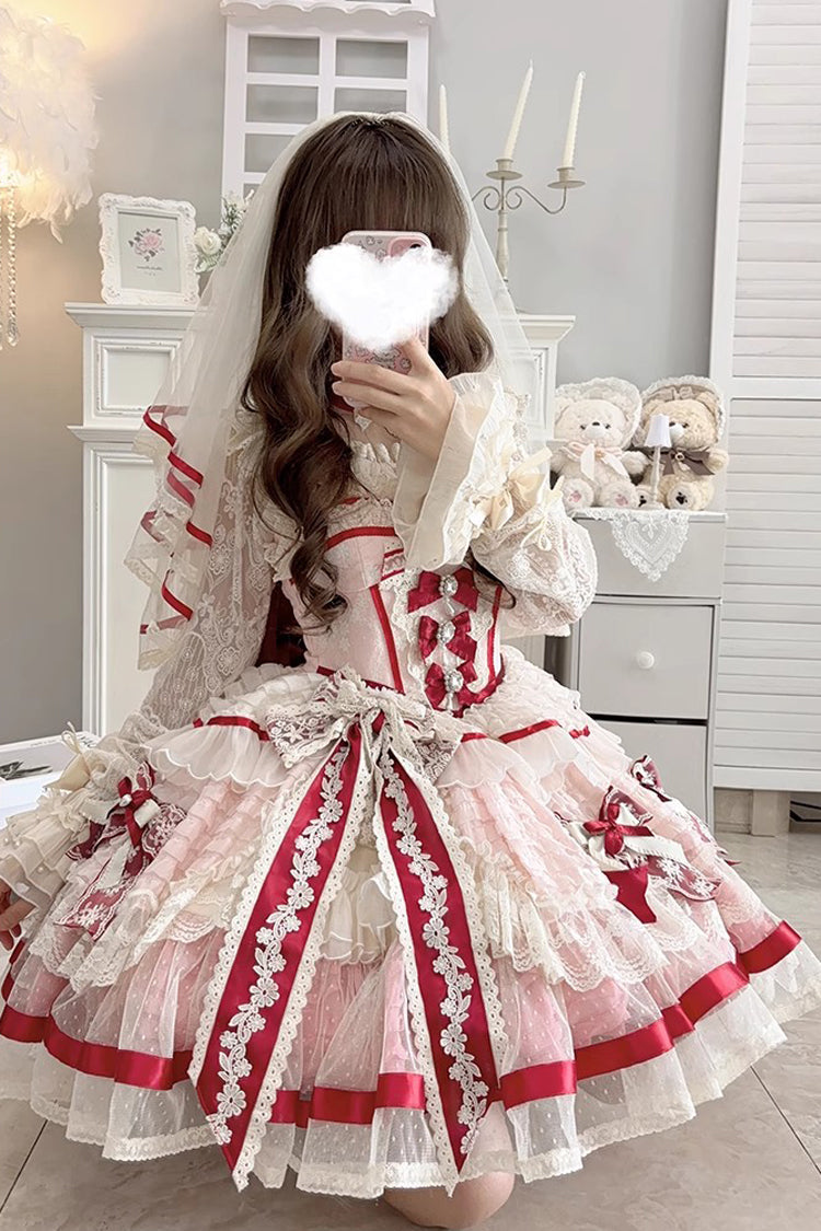 Rose Moonstone Sleeveless Ruffle Embroidery Bow Lace Fishbone Sweet Princess Gown