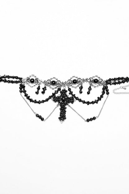 Beaded Cross Black Asymmetric Punk Necklace Women's